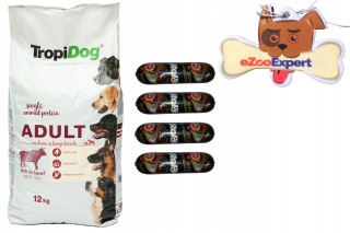 Suché krmivo pre psy granule - Tropidog Hovädzie pre dospelých M/L 12 kg + 4 x rolo woł = 15 kg