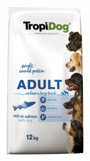 Suché krmivo pre psy granule - Tropidog Premium losos+ryža 12 kg jedlo bez kuracieho mäsa